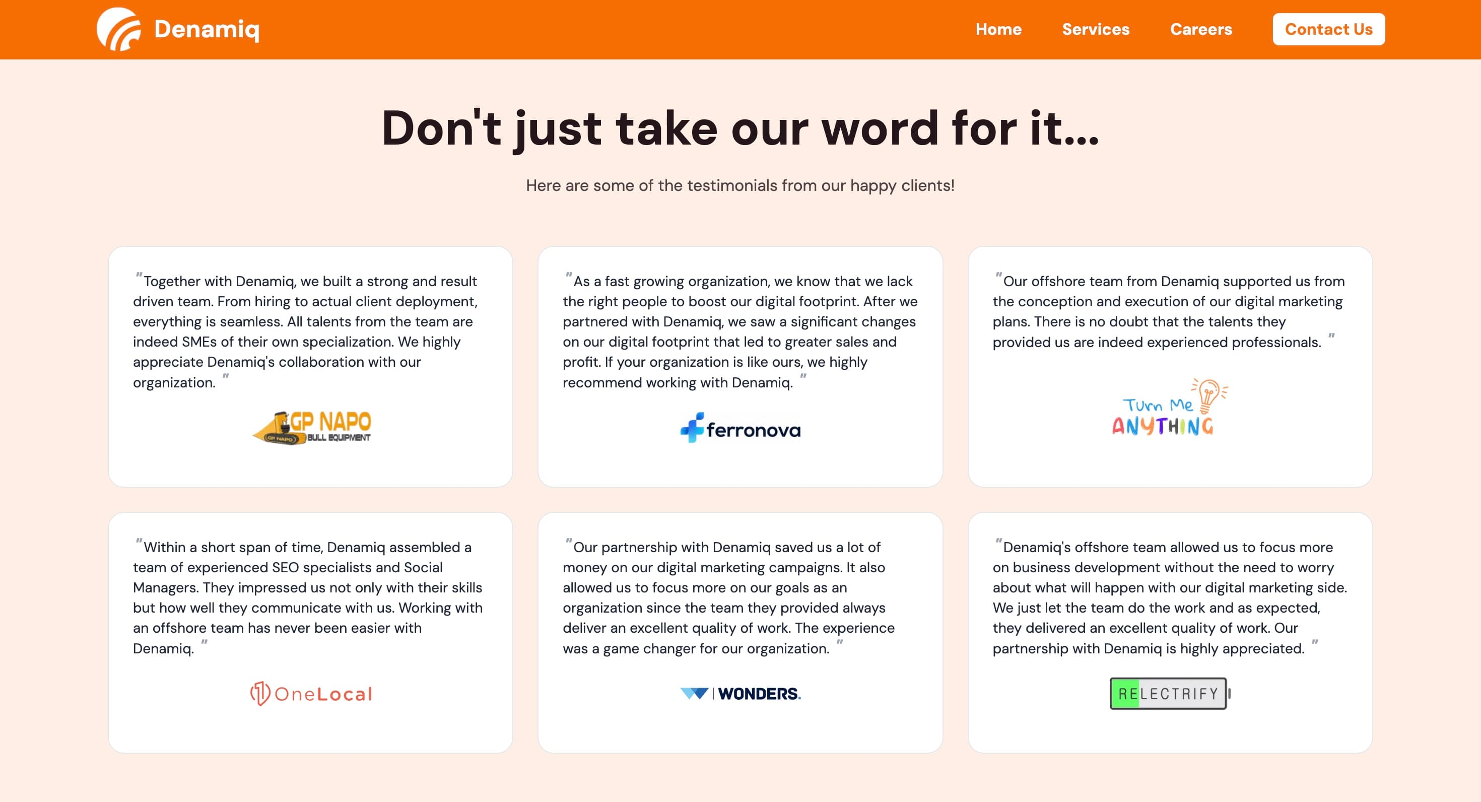 Denamiq mobile view - Denamiq is a digital marketing outsourcing partner that connects global businesses with highly skilled, English-fluent Filipino marketing professionals.