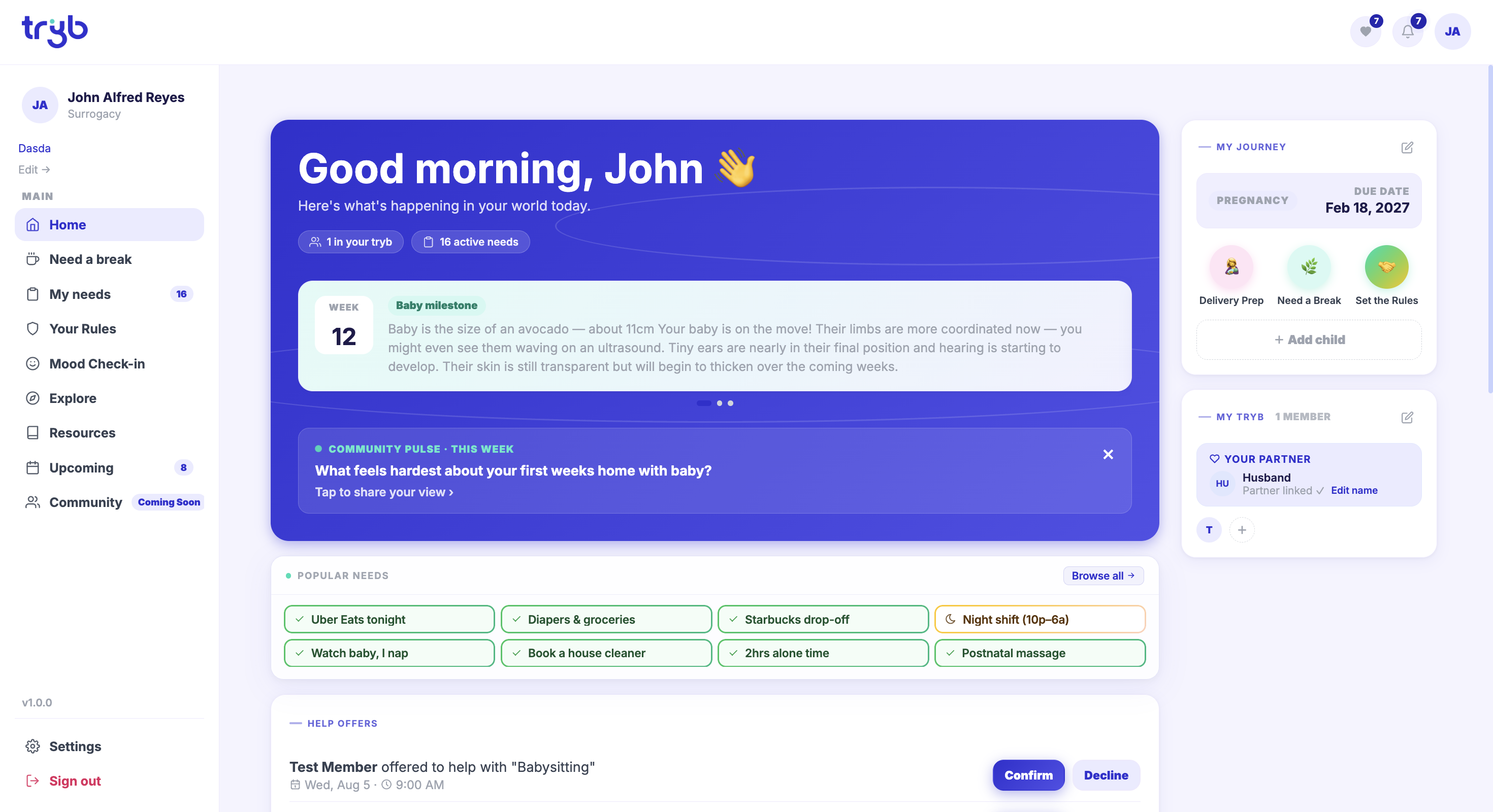 Tryb main interface - Tryb is a parenting app that helps parents track their child's development and milestones, and provides resources and support for parents.
